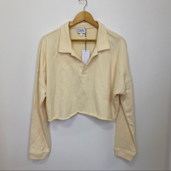 SNDYS Everyday Fleece Polo Sweater Size S Cream Lounge Wear - Picture 2 of 8